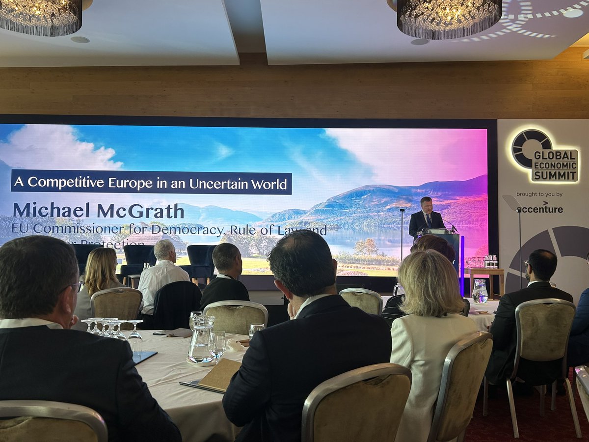 At #GlobalEconomicSummit, <a href="/EUCssrMcGrath/">Michael McGrath</a> points out that the EU must become more friendly to innovation. It’s another week where Draghi’s landmark report is discussed on another public platform (cc <a href="/emerwalshh/">Emer</a>).