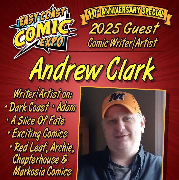 ECCExpo's tweet image. ECCE 2025 GUEST ANNOUNCEMENT: Andrew Clark!
eastcoastcomicexpo.com/guests/andrew-…
Continuing our focus on creators from the Horror anthology 'Dark Coast', Andrew Clark has been doing comics for Sandstone, Red Leaf, Chapterhouse, Markosia, Archie, as well as his own comic “Adam”.