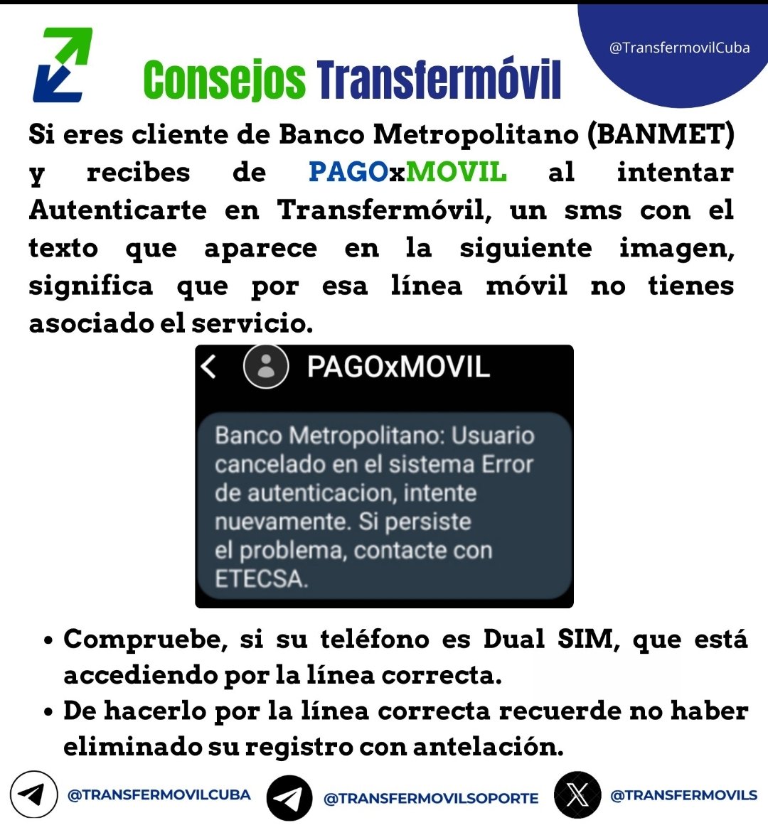 guillermot25's tweet photo. 😳 ¿Qué sucede si al intentar autenticarse en Transfermóvil por Banco Metropolitano, recibe de PAGOxMOVIL un SMS 💬 diciéndole "Usuario cancelado....."? https://t.co/YIjTVpI5Gp
