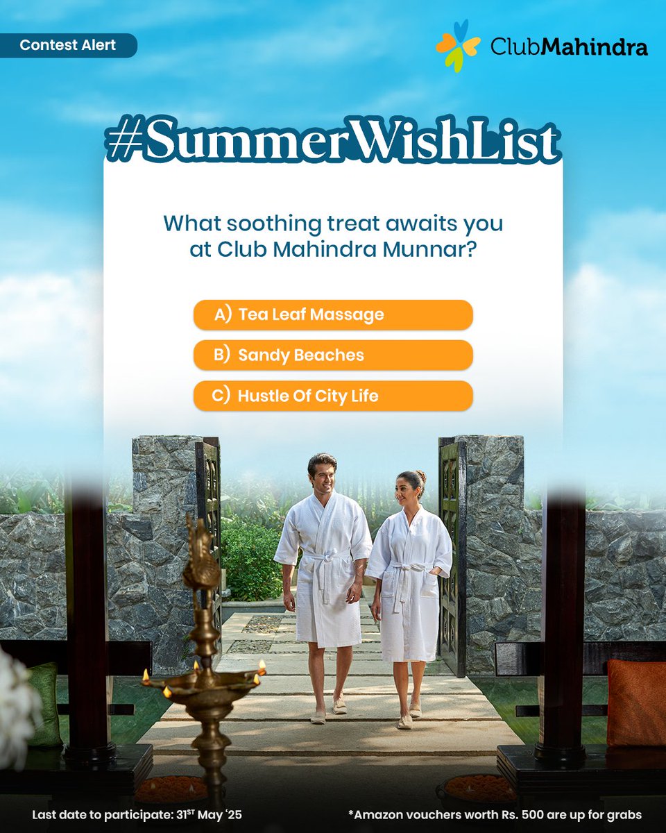 Club Mahindra (@clubmahindra) on Twitter photo #ContestAlert 10 of 15
Participate in all #SummerWishList
STEPS
1) Comment below with your answer using #SummerWishList and #ClubMahindra. Don’t forget to tag <a href="/clubmahindra/">Club Mahindra</a> and four of your friends – it’s mandatory!
2) Participate in all 15 contest posts. Winners get #ContestAlert 10 of 15
Participate in all #SummerWishList
STEPS
1) Comment below with your answer using #SummerWishList and #ClubMahindra. Don’t forget to tag <a href="/clubmahindra/">Club Mahindra</a> and four of your friends – it’s mandatory!
2) Participate in all 15 contest posts. Winners get