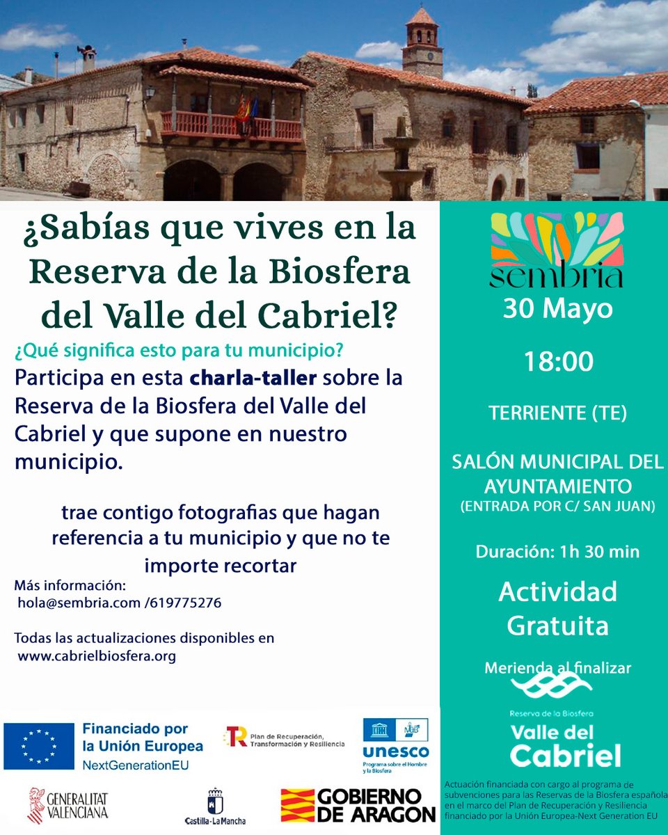 📢¡Cursos de <a href="/Sembria_Hub/">Sembria</a> de esta semana! 

Casas Ibáñez, Cardenete, Requena, Terriente... Formáis parte de la Reserva de la Biosfera del Valle del Cabriel!

 Si queréis saber lo que eso significa no dudéis en asistir a estas charlas-taller. Te esperamos!🌱