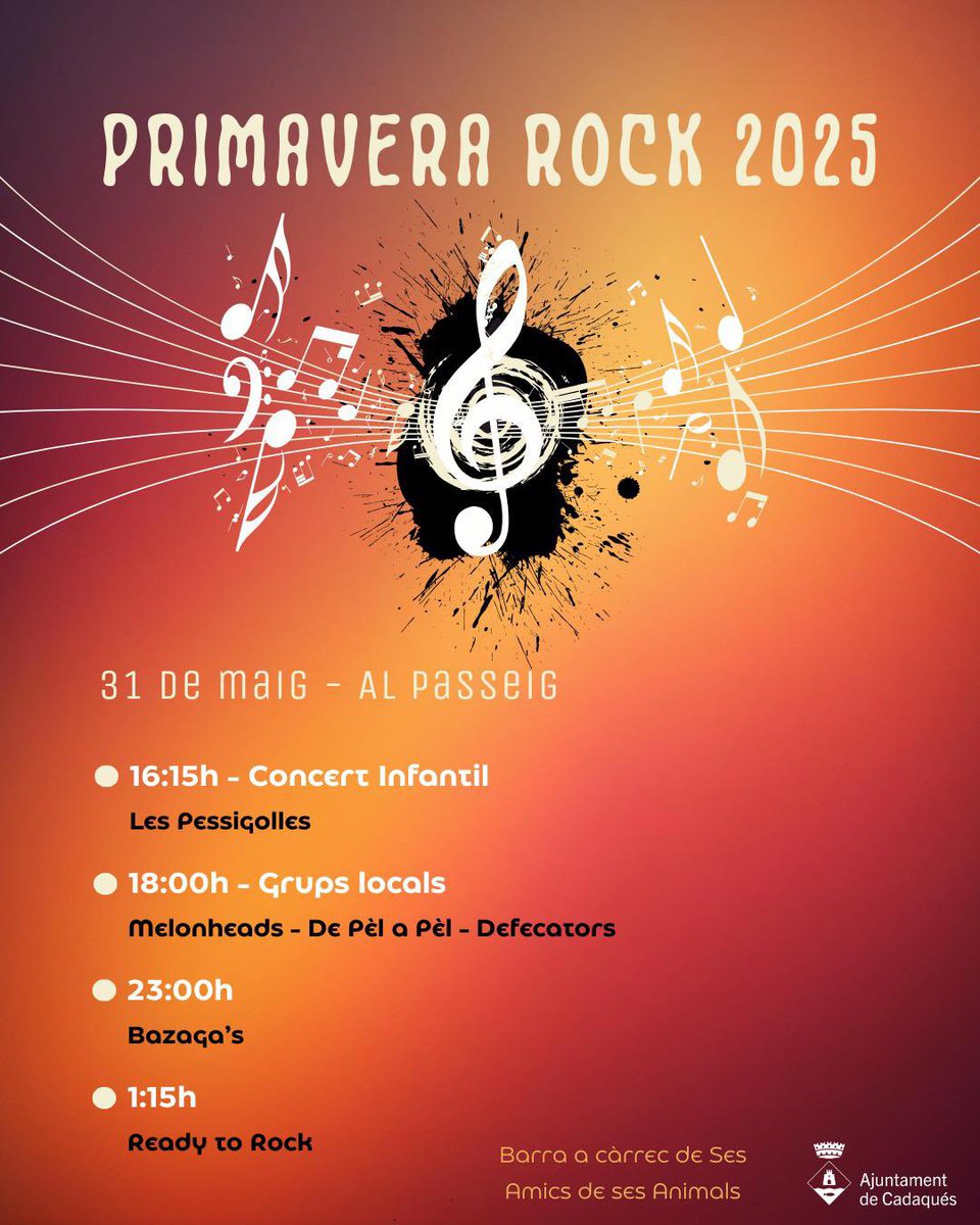 🎸🎶 Primavera Rock Festival

Dissabte 31 de maig es podrà gaudir des festival Primavera Rock!

🕓 A partir de les 16:15h 
📍 Al Passeig 

Ja es pot consultar l’horari i tots es concerts!

#aCadaqués #FestivalPrimaveraRock