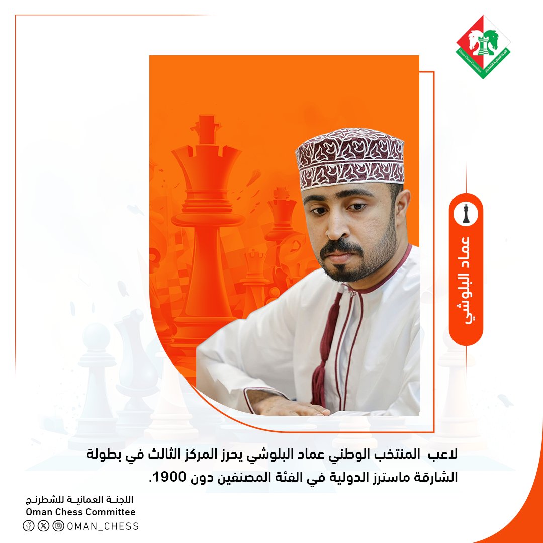 oman_chess's tweet photo. 🎉 لاعب المنتخب الوطني عماد البلوشي بحرز المركز  الثالث في بطولة الشارقة ماسترز الدولية في الفئة C المصنفين دون 1900 
والذي شارك فيها 111 لاعبا يمثلون 26 دولة ♟️
@mcsy_om https://t.co/gM08Vu0Dbv