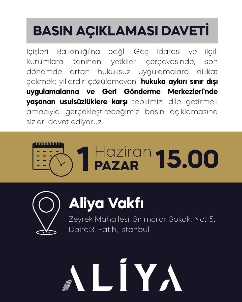 pusulam0001's tweet image. 🧭📢Aliya Vakfından Basın Açıklamasına Davet 

-Aliya Vakfı Geri Gönderme Merkezleri'nde yaşanan usulsüzlüklere karşı tepkileri dile getirmek amacıyla basın açıklaması düzenliyor..
#GGM #Göçİdaresi