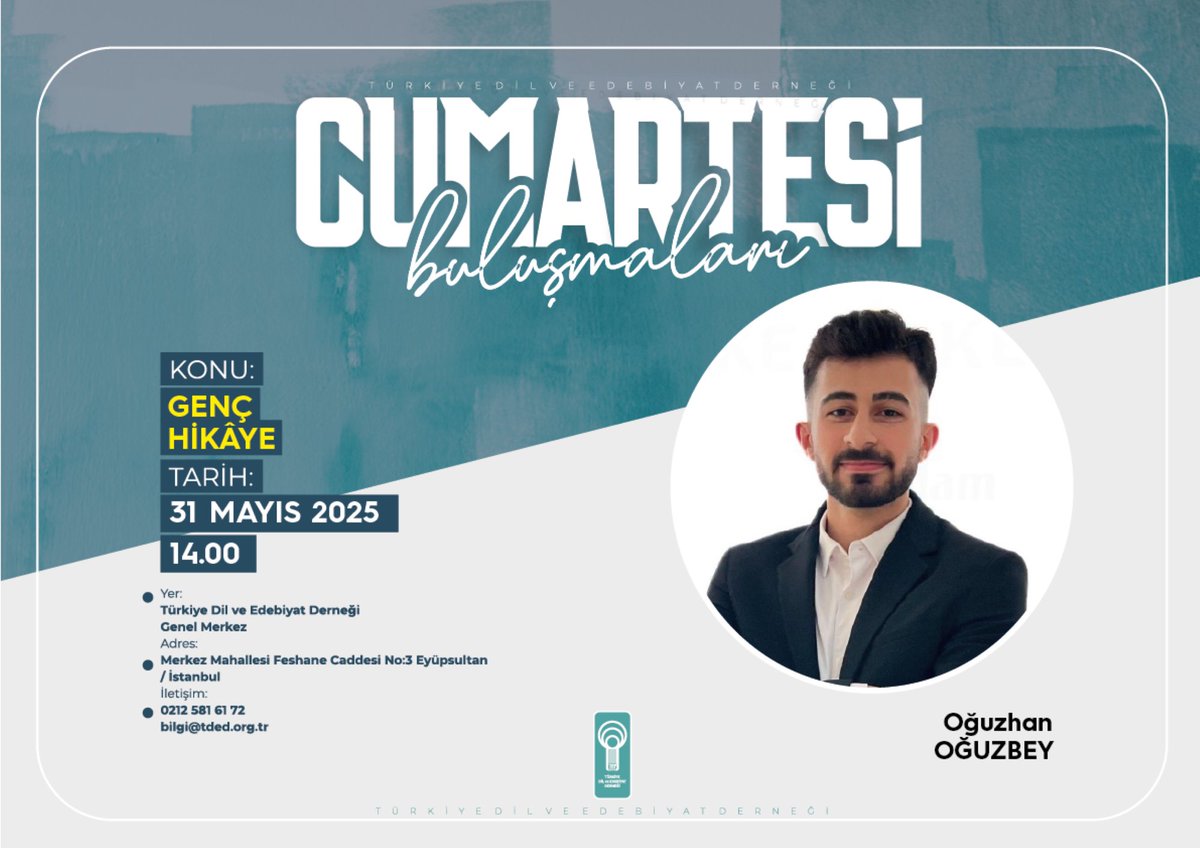 TDED (@tdedtr) on Twitter photo 📢Cumartesi Buluşmaları
🔬 Oğuzhan Oğuzbey
📍 Konu: Genç Hikâye
🗓️ 31 Mayıs Cumartesi
⏰ 14.00
📍 TDED Genel Merkez
📞 0212 581 61 72 / 📩bilgi@tded.org.tr
🔎 tded.org.tr/tr/faaliyet-de…
#CumartesiBuluşmaları #oğuzhanoğuzbey #hikaye #olağanhikaye #gençhikaye 📢Cumartesi Buluşmaları
🔬 Oğuzhan Oğuzbey
📍 Konu: Genç Hikâye
🗓️ 31 Mayıs Cumartesi
⏰ 14.00
📍 TDED Genel Merkez
📞 0212 581 61 72 / 📩bilgi@tded.org.tr
🔎 tded.org.tr/tr/faaliyet-de…
#CumartesiBuluşmaları #oğuzhanoğuzbey #hikaye #olağanhikaye #gençhikaye