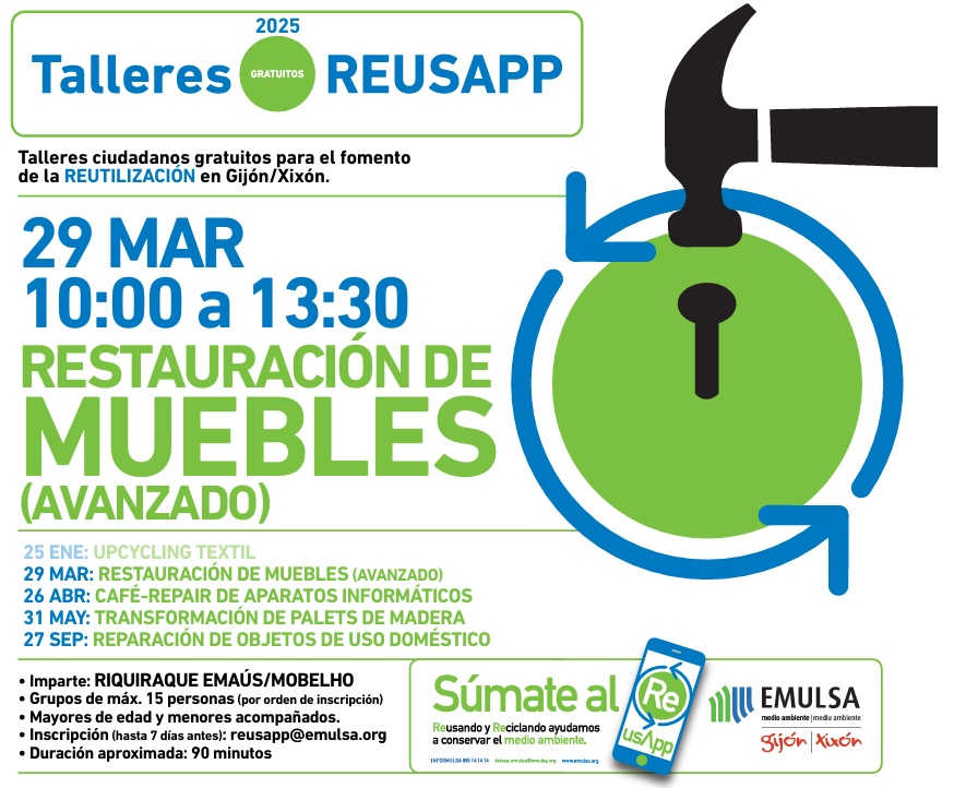 EMULSAGijon's tweet photo. Recuerda taller gratuito de restauración de muebles (avanzado) para el fomento de la #reutilización y la reducción de residuos en #Gijón #Xixón.
Toda la info en la imagen
@gijon @cogersaasturias @riquirraque #reusApp https://t.co/OtnNtVQkKf