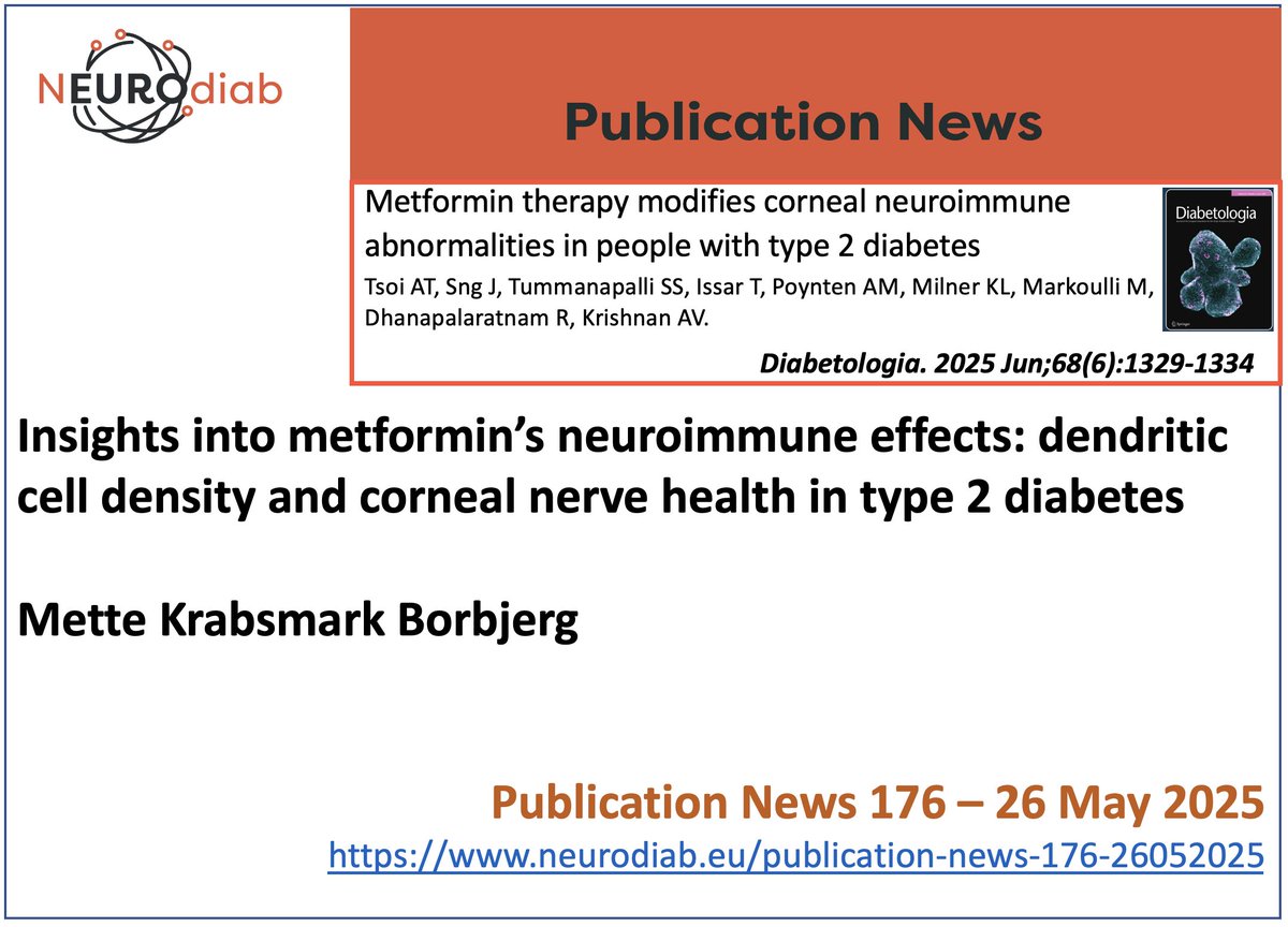 Insights into metformin’s neuroimmune effects: dendritic cell density and corneal nerve health in type 2 diabetes
On Neurodiab website a signaling of articles on #diabeticneuropathy  
The 176th NEUROdiab Publication News is by Mette Krabsmark Borbjerg (neurodiab.eu/publication-ne…)