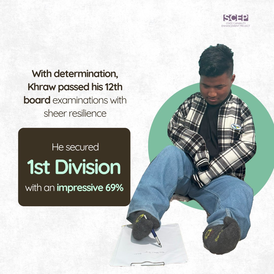 scep_meghalaya's tweet image. In Rngi Shyllong, Mylliem, 20-yr-old Khraw, born with a disability, wrote his board exams with his feet—scoring 69% in Class 12 &amp;amp; topping his class. HDLP under SCEP is now ensuring his dreams aren&apos;t limited by logistics—supporting scholarships &amp;amp; access. #HDLP #SCEP #KhrawsJourney