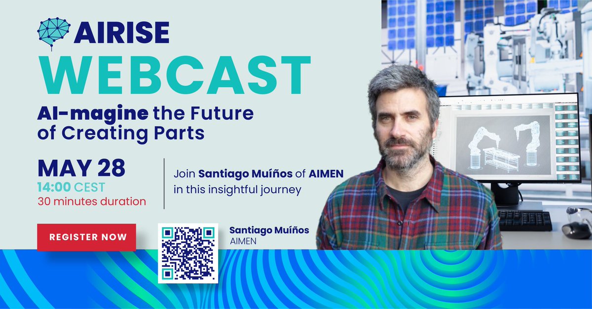 aimenct's tweet photo. ⏳ Only 2 days to go!

Join us on May 28 for the #AIRISE webcast 👉
 “AI-magine the Future of Creating Parts”

🧠 Generative AI for design &amp; manufacturing
🎤 Santiago Muiños – AIMEN
📍 Online

🔗https://t.co/eK8D902Tjb

#AIMENResearch #AI #ManufacturingInnovation #Webcast https://t.co/b7yQXNLp1e