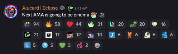 EclipseAlert's tweet photo. 🎬 "Next AMA is going to be cinema" — @Alucard_eth 

Sounds like something BIG is coming 👀

Will it be tokenomics? A release date? Or something totally unexpected?

Popcorn ready 🍿
Mark your calendars 🗓

Let’s find out together at the next @EclipseFND AMA! https://t.co/BslByHTL1y