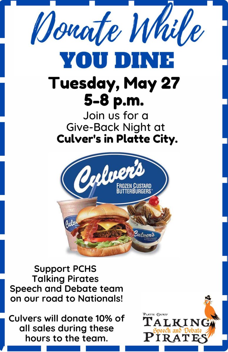Mark your calendar to support PCHS Talking Pirates tomorrow at Culver's in Platte City! Drive thru, carry out, or dine in! <a href="/PCHSAthletics1/">PIRATE ACTIVITIES</a>