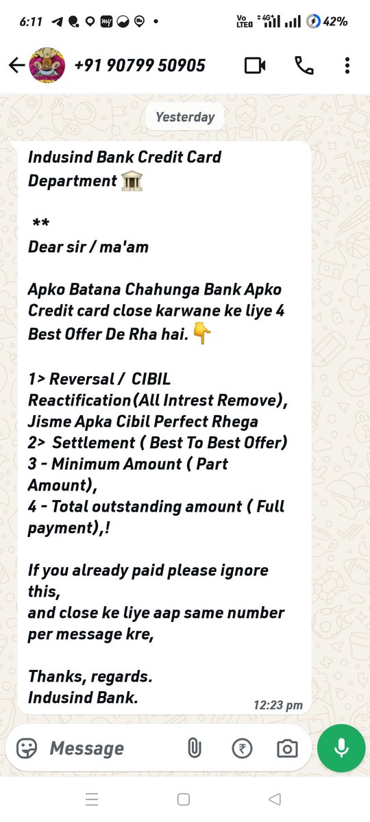 Indusind card **5315
Settlement already done in April 2025
Last 1 month se card close nahi ho rah but daily alag alag number se call/msg bhej rahe hai
<a href="/RBI/">ReserveBankOfIndia</a> 
<a href="/MyIndusIndBank/">IndusInd Bank</a>
<a href="/714290/">Kunal Kumar</a>
<a href="/JITENDR49666992/">कर्जदारों को भी इज्जत का अधिकार।।</a>
<a href="/nsitharaman/">Nirmala Sitharaman</a>