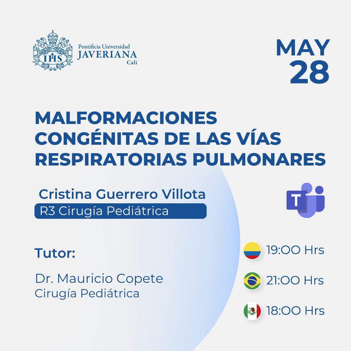 No te pierdas nuestra actividad académica de esta semana:

🗓️ Miércoles 28 de mayo, 7 p.m. 
📌 Modalidad virtual en Teams

Link de acceso: shorturl.at/FJ1MY 

#cirupedjaveriana
#some4pedsurg