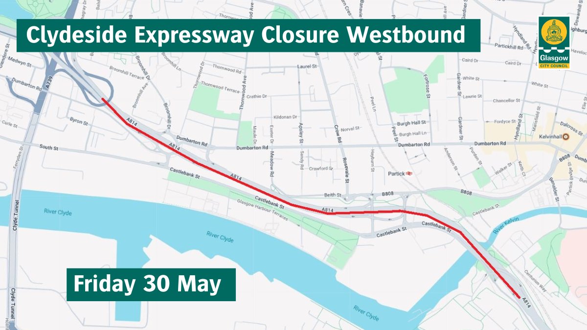 Glasgow City Council (@glasgowcc) on Twitter photo ⛔️Clydeside Expressway Westbound Closure ⛔️
The Clydeside Expressway Eastbound between Glasgow Harbour off Ramp and the A739 off Ramp (North & South) from 👇
11.30 pm – 6am on 30 May.
Diversions will be in place.
<a href="/SWTrunkRoads/">Amey SW Trunk Roads</a> ⛔️Clydeside Expressway Westbound Closure ⛔️
The Clydeside Expressway Eastbound between Glasgow Harbour off Ramp and the A739 off Ramp (North & South) from 👇
11.30 pm – 6am on 30 May.
Diversions will be in place.
<a href="/SWTrunkRoads/">Amey SW Trunk Roads</a>