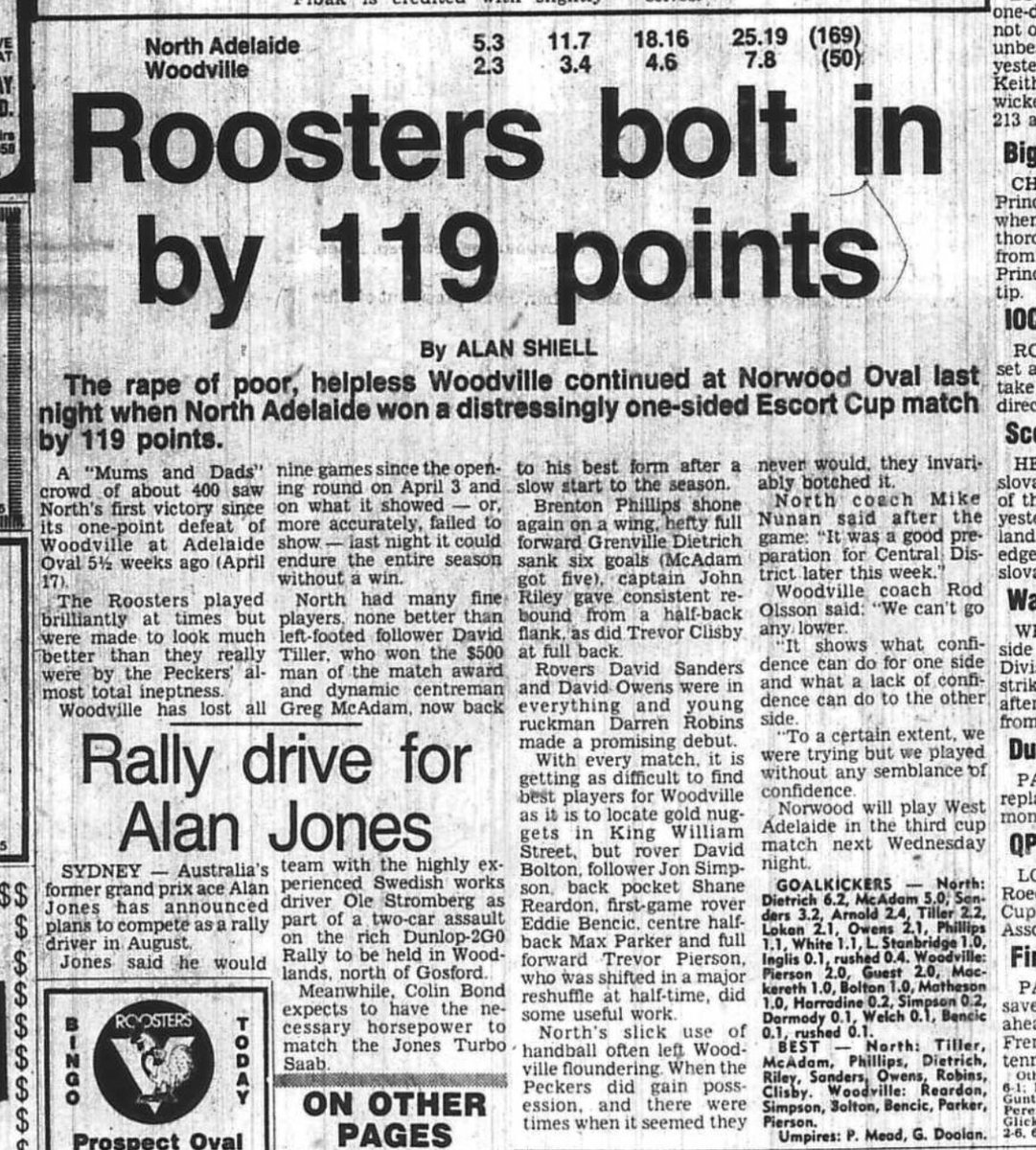 SANFL 1982 season (after ‘75-81) on 43-year delay (@1975sanflseason) on Twitter photo Tonight’s night series match at the Parade has been a dismal one-sided affair with <a href="/NorthAdelaideFC/">North Adelaide FC</a> destroying the Peckers by 20 goals.
In front of a crowd as low as just 400 people, new Rooster forward Dietrich bagged 6 while the Peckers had little apart from <a href="/Warriors86/">Shane Reardon</a> Tonight’s night series match at the Parade has been a dismal one-sided affair with <a href="/NorthAdelaideFC/">North Adelaide FC</a> destroying the Peckers by 20 goals.
In front of a crowd as low as just 400 people, new Rooster forward Dietrich bagged 6 while the Peckers had little apart from <a href="/Warriors86/">Shane Reardon</a>