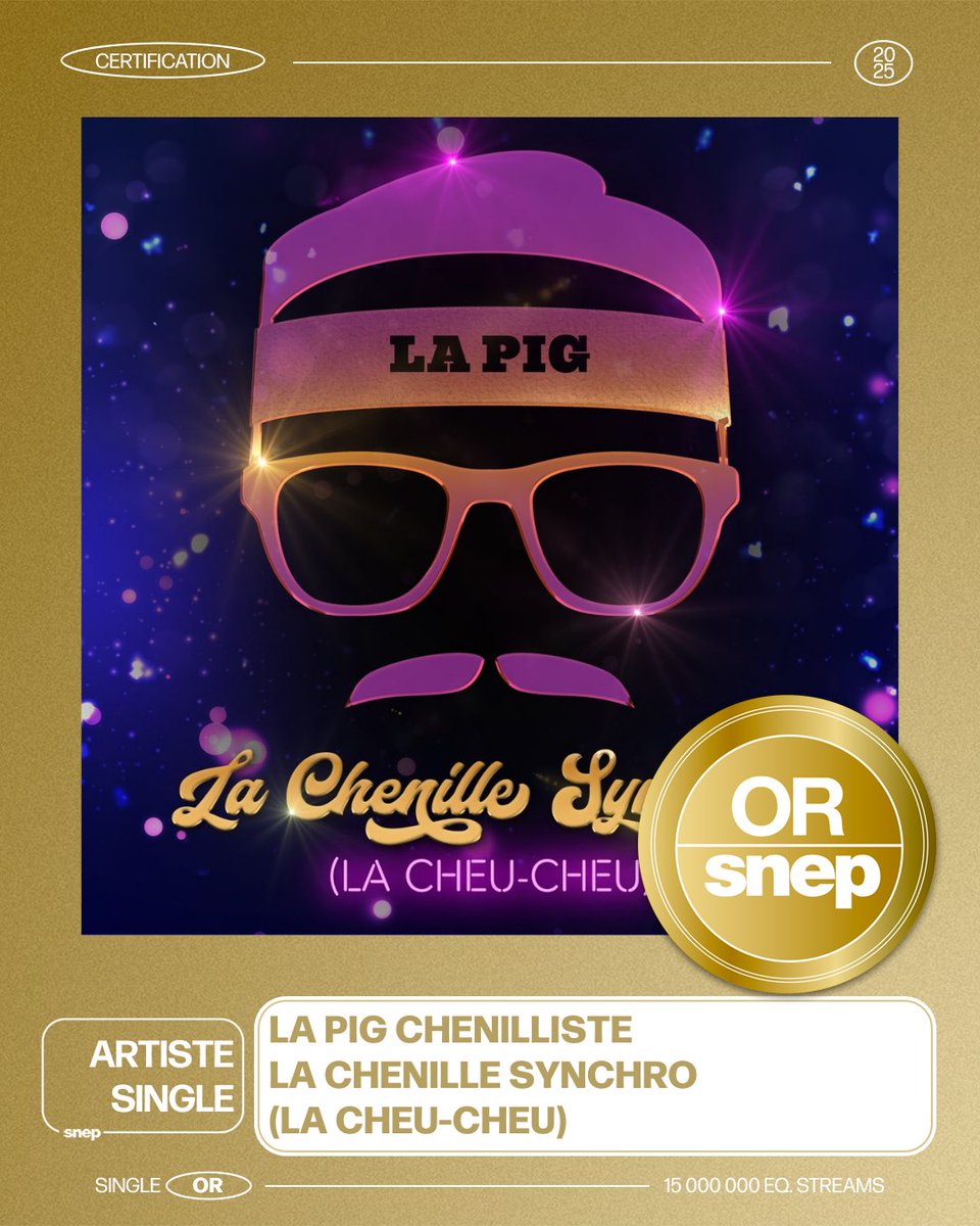Le titre « La Chenille Synchro (la Cheu-Cheu) » de La Pig Chenilliste est certifié Single Or ! 📀

15 000 000 équivalents streams 🎧

Bravo ! 👏