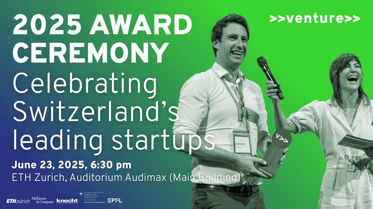 The winners are in—but the competition’s not over yet! On June 23 at ETH Zurich, they’ll pitch one last time to claim the CHF 150K Grand Prize 🏆

For the 1st time, you vote LIVE for the CHF 10K Audience Award!

🍾 Join us + network at the closing apéro: eventbrite.com/e/2025-venture…