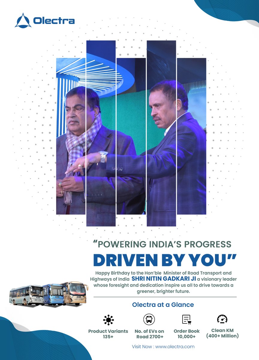 Olectra Greentech Limited (@olectraebus) on Twitter photo Warm birthday wishes to Hon’ble Minister Shri <a href="/nitin_gadkari/">Nitin Gadkari</a> ji from all of us at #OlectraGreentech! Your visionary leadership in sustainable transport inspires a greener, future-ready India.
CMD Shri KV Pradeep joins in wishing you continued success & good health. 🇮🇳 Warm birthday wishes to Hon’ble Minister Shri <a href="/nitin_gadkari/">Nitin Gadkari</a> ji from all of us at #OlectraGreentech! Your visionary leadership in sustainable transport inspires a greener, future-ready India.
CMD Shri KV Pradeep joins in wishing you continued success & good health. 🇮🇳