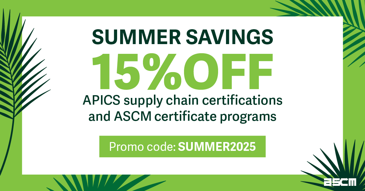 ascm_hq's tweet image. Summer savings start now! Accelerate your career with globally-recognized supply chain education. 

Save 15% on APICS certification learning systems and bundles and ASCM certificate programs with promo code SUMMER2025.

Get started today! bit.ly/439HM62

#APICS #ascm