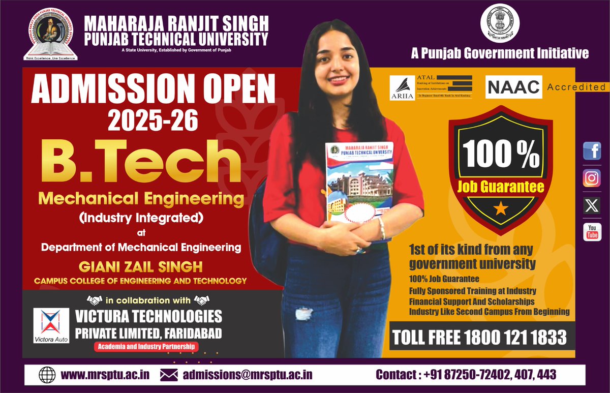 Admissions OPEN for 2025-26! Pursue B.Tech Mechanical Engineering (Industry Integrated) at Department of Mechanical Engineering, GZSCCET, MRSPTU . Enjoy a 100% Job Guarantee through our collaboration with Victura Technologies. Learn more: mrsptu.ac.in