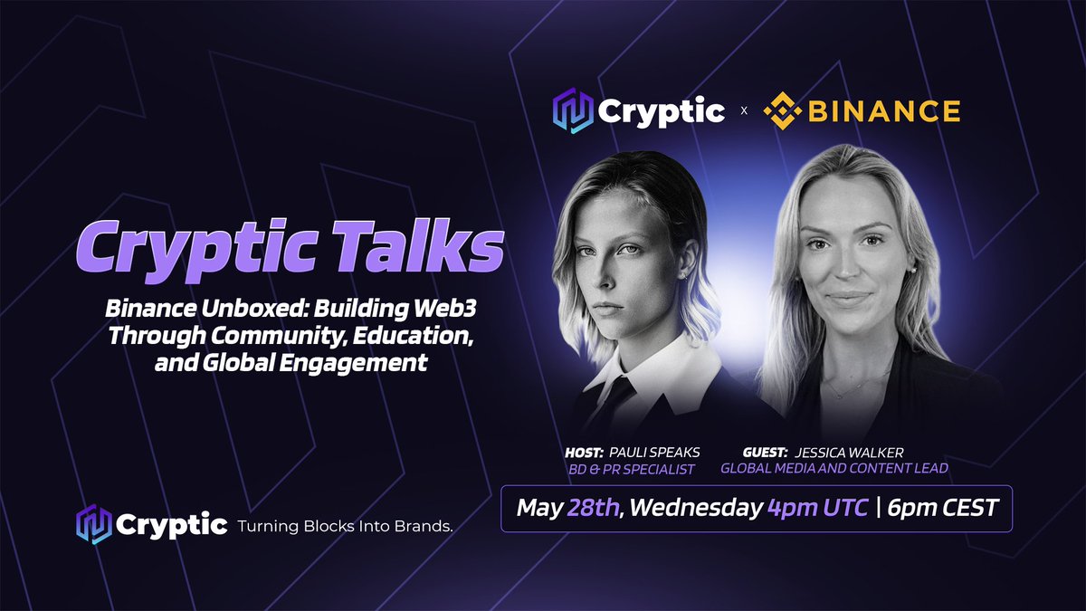 🎙️ Cryptic Talks with <a href="/binance/">Binance</a>! 🎙️

Binance Unboxed: Building Web3 Through Community, Education, and Global Engagement

🗓️ Date: Wednesday, May 28th
⏰ Time: 04:00 PM UTC / 06:00 PM CEST
Host: <a href="/pauli_speaks/">Pauli</a>, BD &amp; PR Specialist at Cryptic
Guests: <a href="/jessicasmw/">Jessica Walker</a>, Global Media and