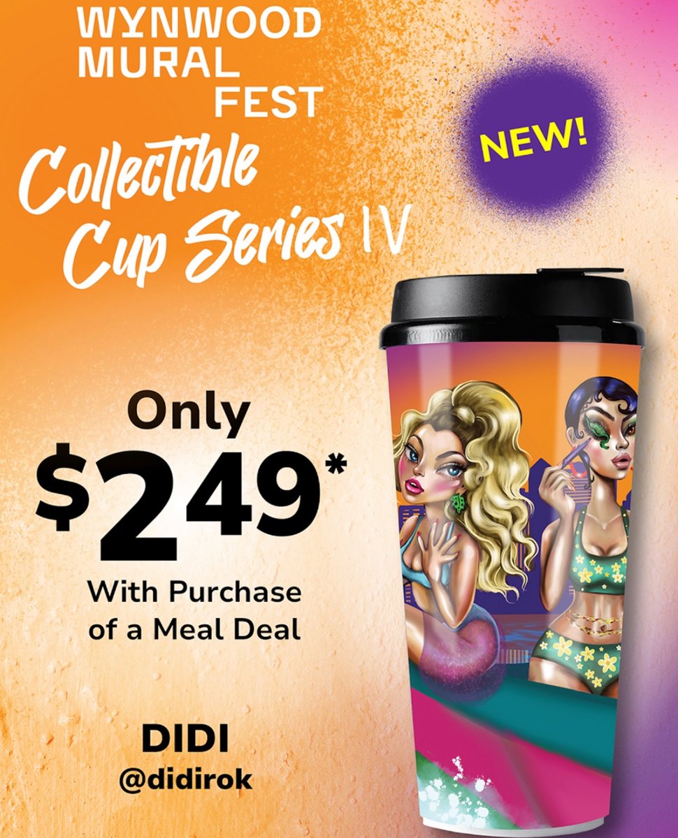 🎨🔥 Still haven’t grabbed yours? Miami Grill’s Collectible Cup Series IV is here and turning heads!
Featuring art from @didirok and only $2.49 with any Meal Deal — collect it while it lasts!
#MiamiGrill #WynwoodMuralFest #CollectibleCups #DidiRok