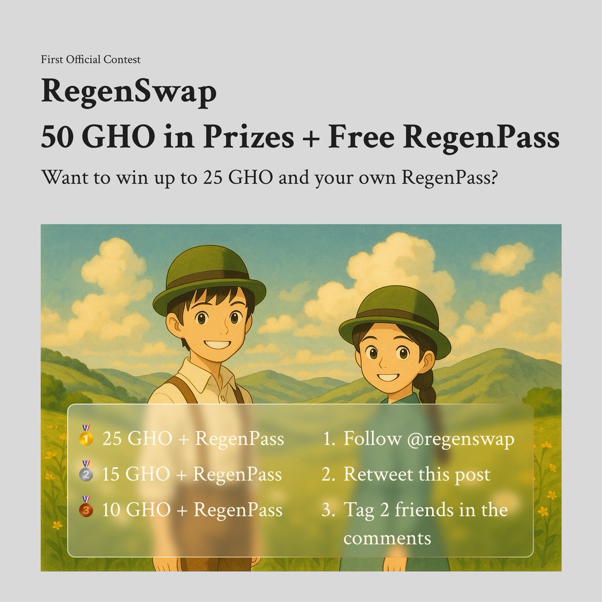 Regen Swap (@regenswap) on Twitter photo 🌱 RegenSwap Contest — 50 GHO + Free RegenPass
We're giving away 50 GHO + 3 RegenPasses to celebrate the launch of our first contest!
🏆 Prizes:
🥇 25 GHO + RegenPass
🥈 15 GHO + RegenPass
🥉 10 GHO + RegenPass
🔸 How to join:
- Follow <a href="/regenswap/">Regen Swap</a>
- Retweet this post
- Tag 2 🌱 RegenSwap Contest — 50 GHO + Free RegenPass
We're giving away 50 GHO + 3 RegenPasses to celebrate the launch of our first contest!
🏆 Prizes:
🥇 25 GHO + RegenPass
🥈 15 GHO + RegenPass
🥉 10 GHO + RegenPass
🔸 How to join:
- Follow <a href="/regenswap/">Regen Swap</a>
- Retweet this post
- Tag 2