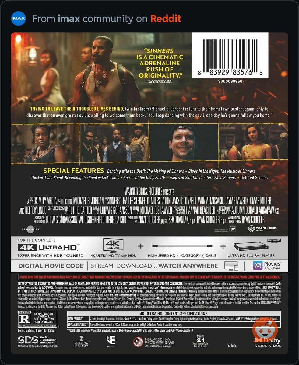 The Sinners 4K Blu Ray is confirmed to have the IMAX aspect ratio. One of the perks of #PhysicalMedia