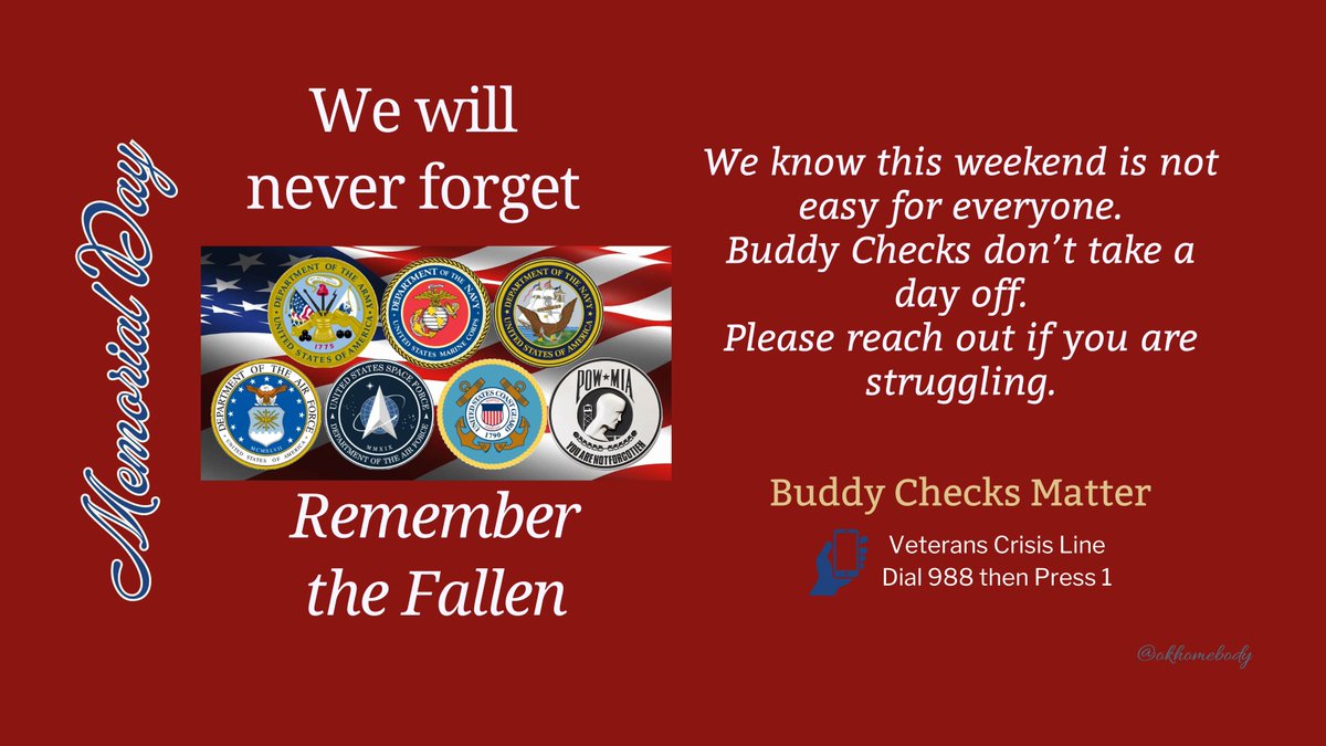 🇺🇸 Memorial Day ✅VETERAN BUDDY-CHECKS✅RH 🇺🇸 Good morning, family. We are forever grateful for the brave souls who gave it all for our freedom. We celebrate them for who they were &amp; what they stood for, while still mourning that such a price was imposed. We will never forget.  I