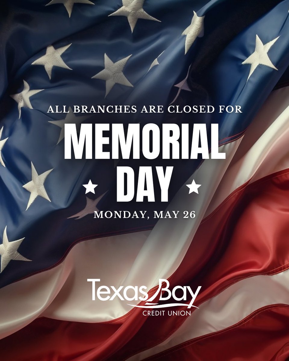 All branches are closed today: Monday, May 26th for Memorial Day 🦅 Today we remember the brave heroes who have fought for our country. Have a safe holiday!

#memorialday #texasbaycu #tx #holiday #closure 3branches #hoursofoperation #memorial #usa #unitedstates #May