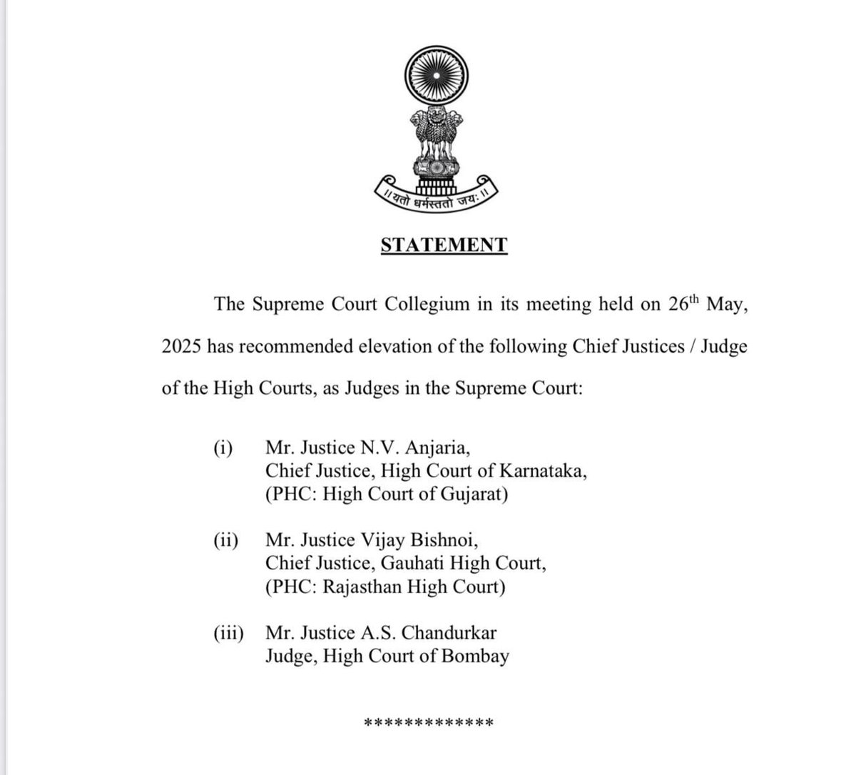 swatidTOI's tweet image. The #SupremeCourt collegium led by CJI Bhushan Gavai today recommended elevation of three Judges including Justice AS Chandurkar of #BombayHC as SC Judges.
Justice Chandurkar, 60, HC Judge since June 2013, studied in Pune at St. Vincents' School, Ness Wadia college, ILS @TOIWorld