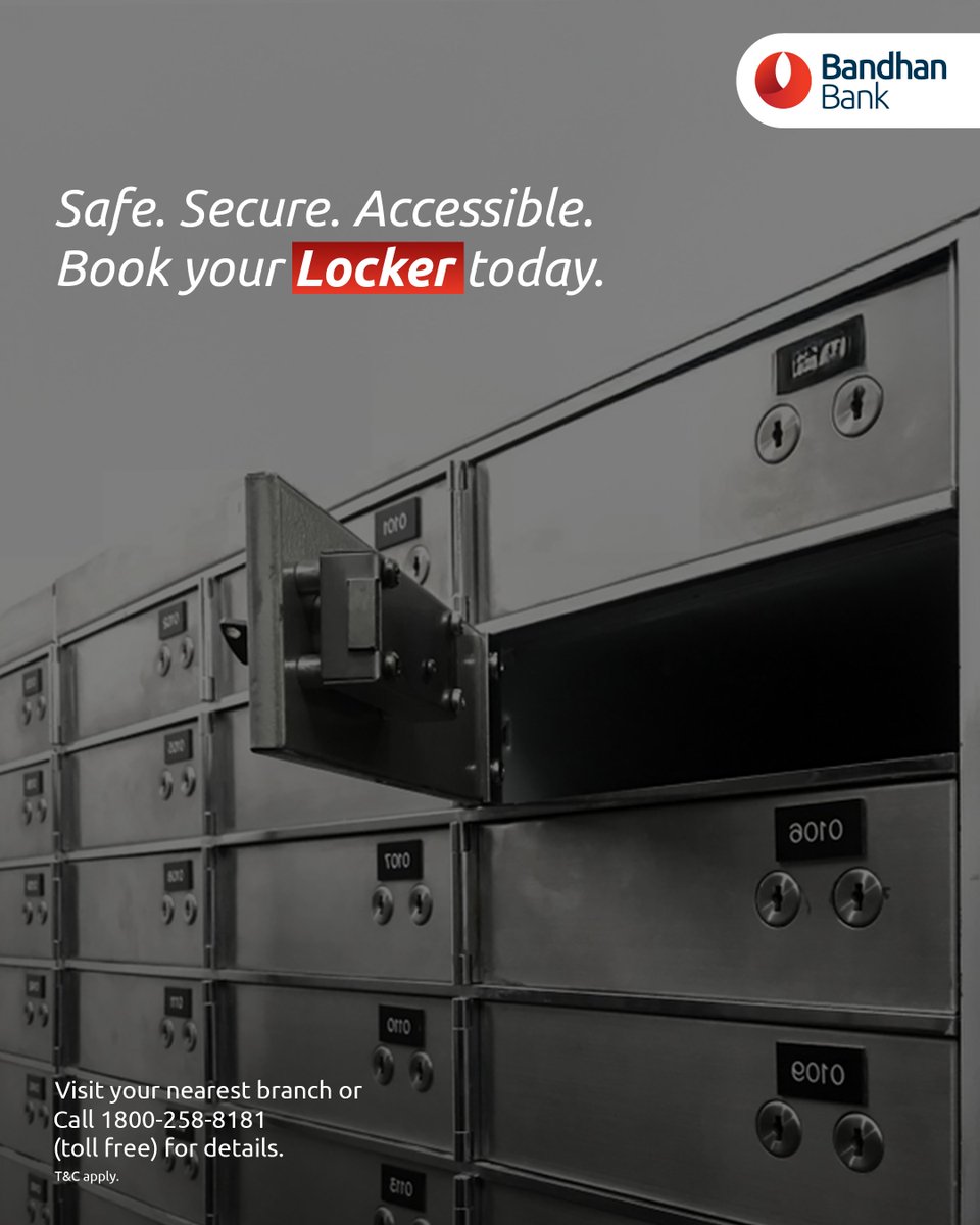 bandhanbank_in's tweet photo. Wish to keep your valuables safe? Possible hai!

Visit your nearest #BandhanBank branch to learn more about our locker facilities.

Details: https://t.co/A93KHO63aa
Locate a branch: https://t.co/MrNn4fInA0

T&C apply. #BankLockers #LockerFacility #Lockers #PossibleHai #BandhanBank