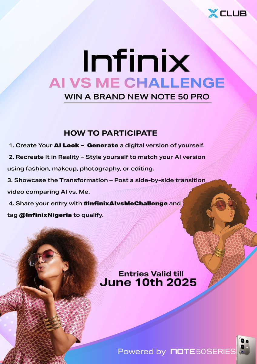 LondoSmitch's tweet image. You vs AI? It’s giving main character energy

Tag @InfinixNigeria and use #InfinixAIvsMeChallenge and #Note50Pro