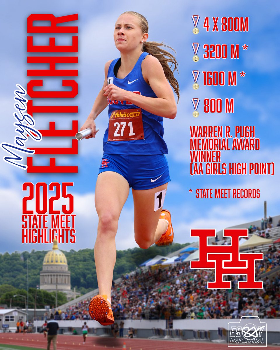 Still in awe of the performance by @hhhs_sports’s Maysen Fletcher at @thewvssac  2025 State Track Meet. The freshman won 4 state championships (4x800m Relay, 3200m, 1600m, and 800m) with records in the 3200 and 1600. She was the Class AA Girls High Point winner.