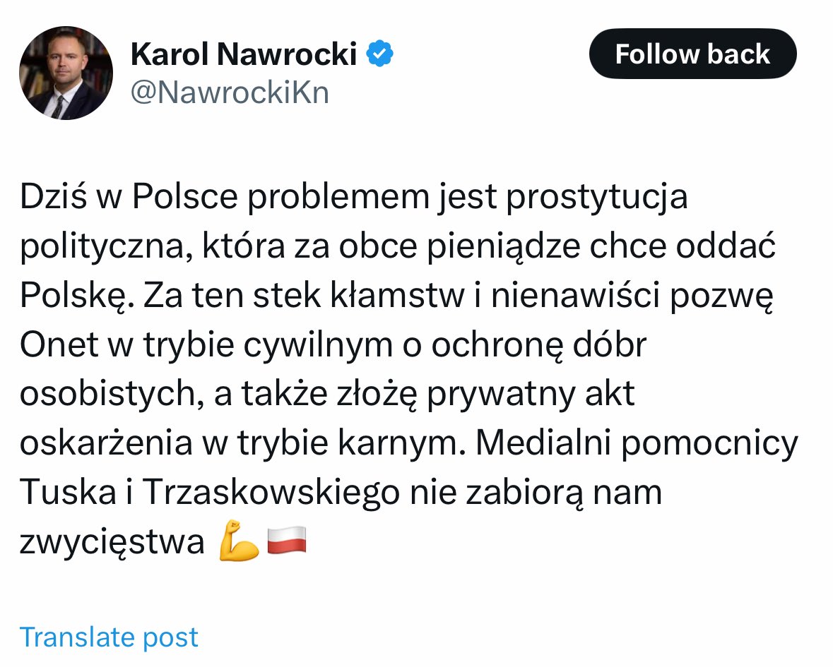 To jest hit! Nawrocki nie złoży pozwu w trybie wyborczym. Mógłby w 24 h mieć prawo do sprostowania i przeprosin. Wiecie dlaczego tego nie zrobi? Bo to wszystko prawda. Był sutenerem i zarabiał na organizowaniu prostytutek klientom Grand Hotelu.