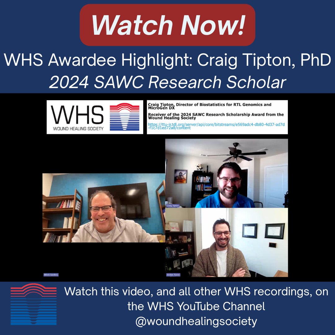 Check out the latest WHS Awardee Highlight with 2024 SAWC Research Scholar, Craig Tipton, PhD. 

youtube.com/watch?v=GHENAN…

#WHS #WoundHeal #WoundHealing #SAWC #Research #Wounds