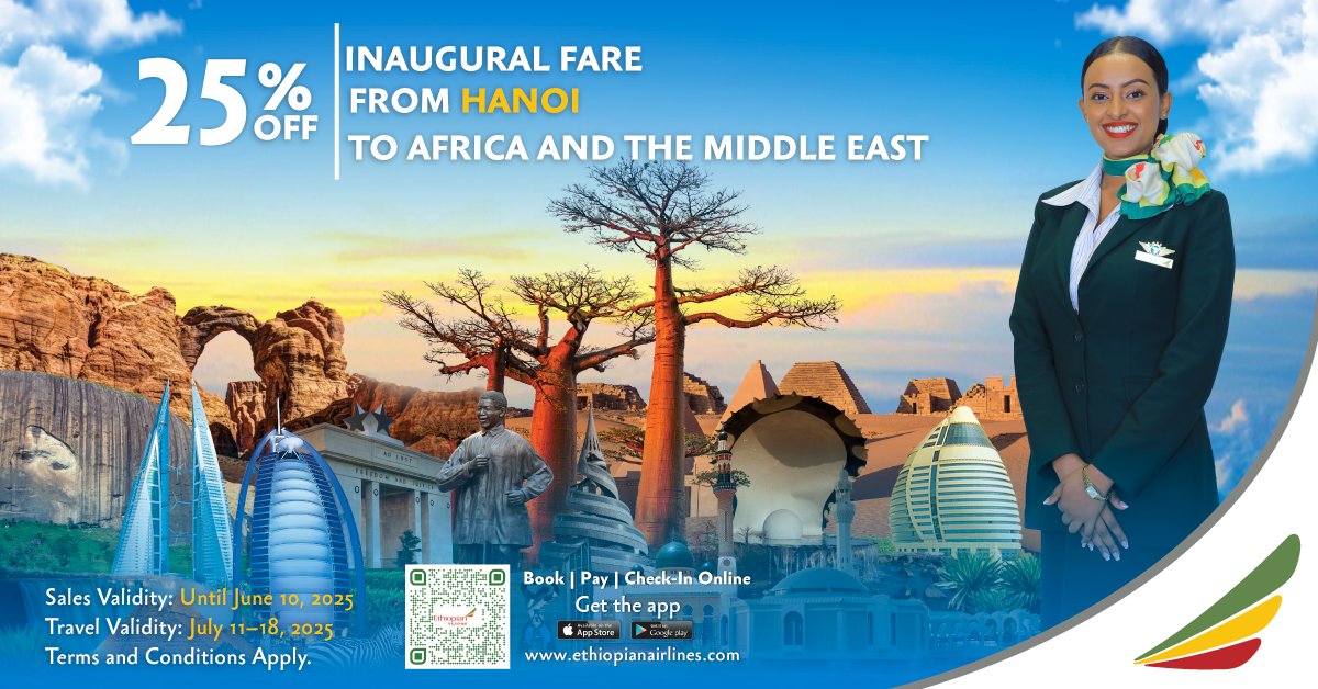 Get 25% off our inaugural fare from Hanoi to Africa and the Middle East! Travel between July 11-18, 2025, and take advantage of this limited-time offer before it ends on June 10, 2025!
#FlyEthiopian #Hanoi