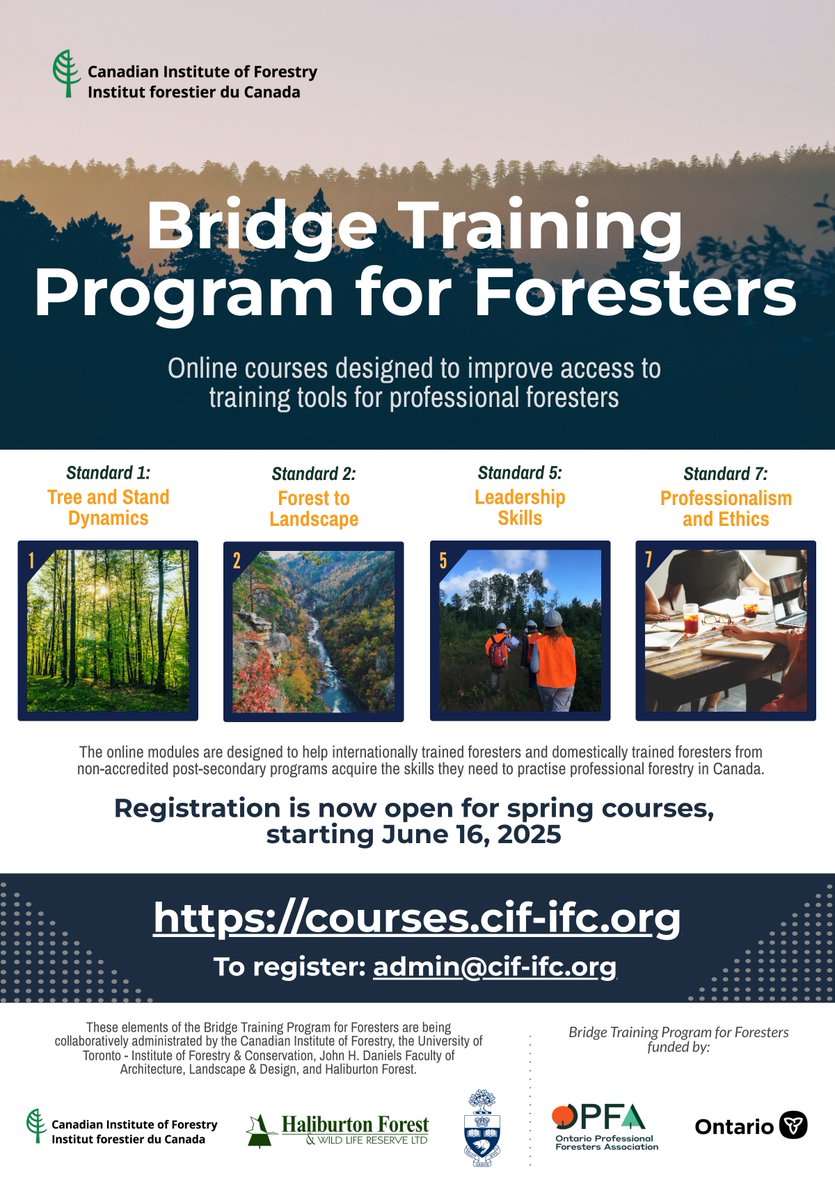 CIF-IFC (@cif_ifc) on Twitter photo Looking to acquire the skills to practice professional forestry in Canada?
Register for the Bridge Training Program for Foresters courses, starting June 16, 2025!
Learn more: courses.cif-ifc.org
<a href="/_OPFA/">OPFA</a>
<a href="/UofT/">University of Toronto</a> Daniels Faculty’s Forestry at U of T
<a href="/HaliburtonFWLR/">Haliburton Forest</a>
<a href="/ONgov/">Ontario Government</a> Looking to acquire the skills to practice professional forestry in Canada?
Register for the Bridge Training Program for Foresters courses, starting June 16, 2025!
Learn more: courses.cif-ifc.org
<a href="/_OPFA/">OPFA</a>
<a href="/UofT/">University of Toronto</a> Daniels Faculty’s Forestry at U of T
<a href="/HaliburtonFWLR/">Haliburton Forest</a>
<a href="/ONgov/">Ontario Government</a>