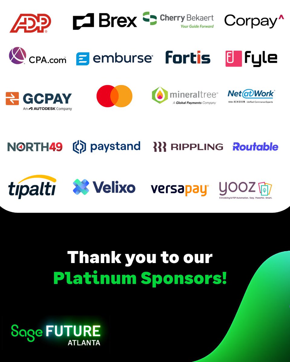 #SageFuture is almost here ✨
 
We want to thank our Platinum Sponsors, for powering what's set to be an incredible event 🙌
 
Only a few days to go, see you there 💚
 
🔗 1sa.ge/UXXE50VXCgy
