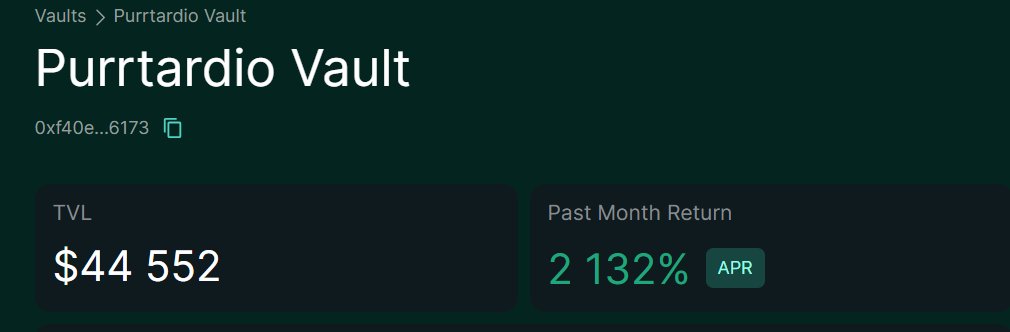 Purrtardio vault looks good with 2132 % APR  over the past month

Btw <a href="/purrto10/">Purrtardio Backup🏰</a>  is still the most undervalued collection on Hyperliquid with the insane looking art.