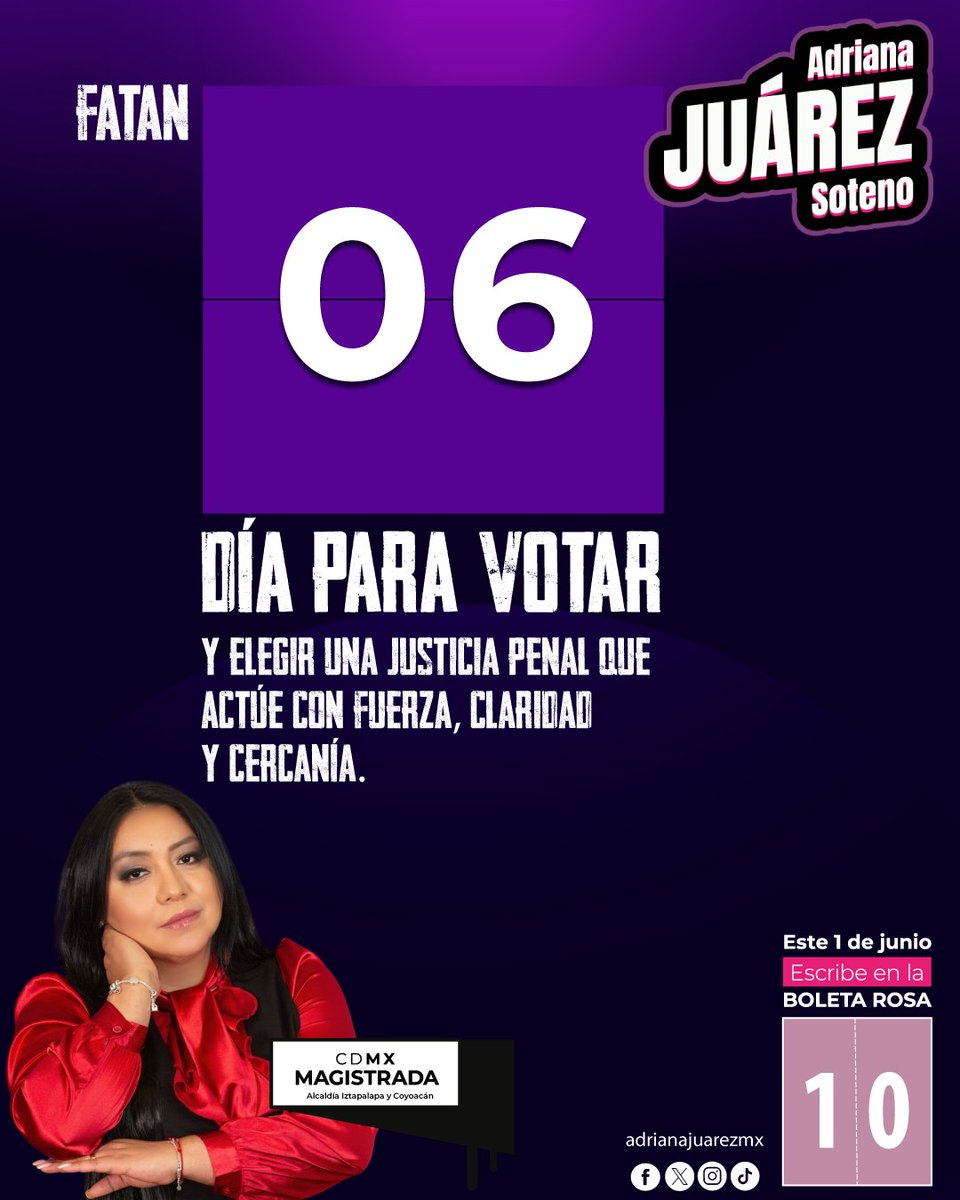Faltan 6 días para elegir una justicia penal que actúe con fuerza, claridad y cercanía.
✍️ Este 1° de junio, escribe 10 en la Boleta Rosa.
Soy Adriana Juárez Soteno, candidata a Magistrada en materia penal.
#JusticiaPenal #Vota10 #BoletaRosa