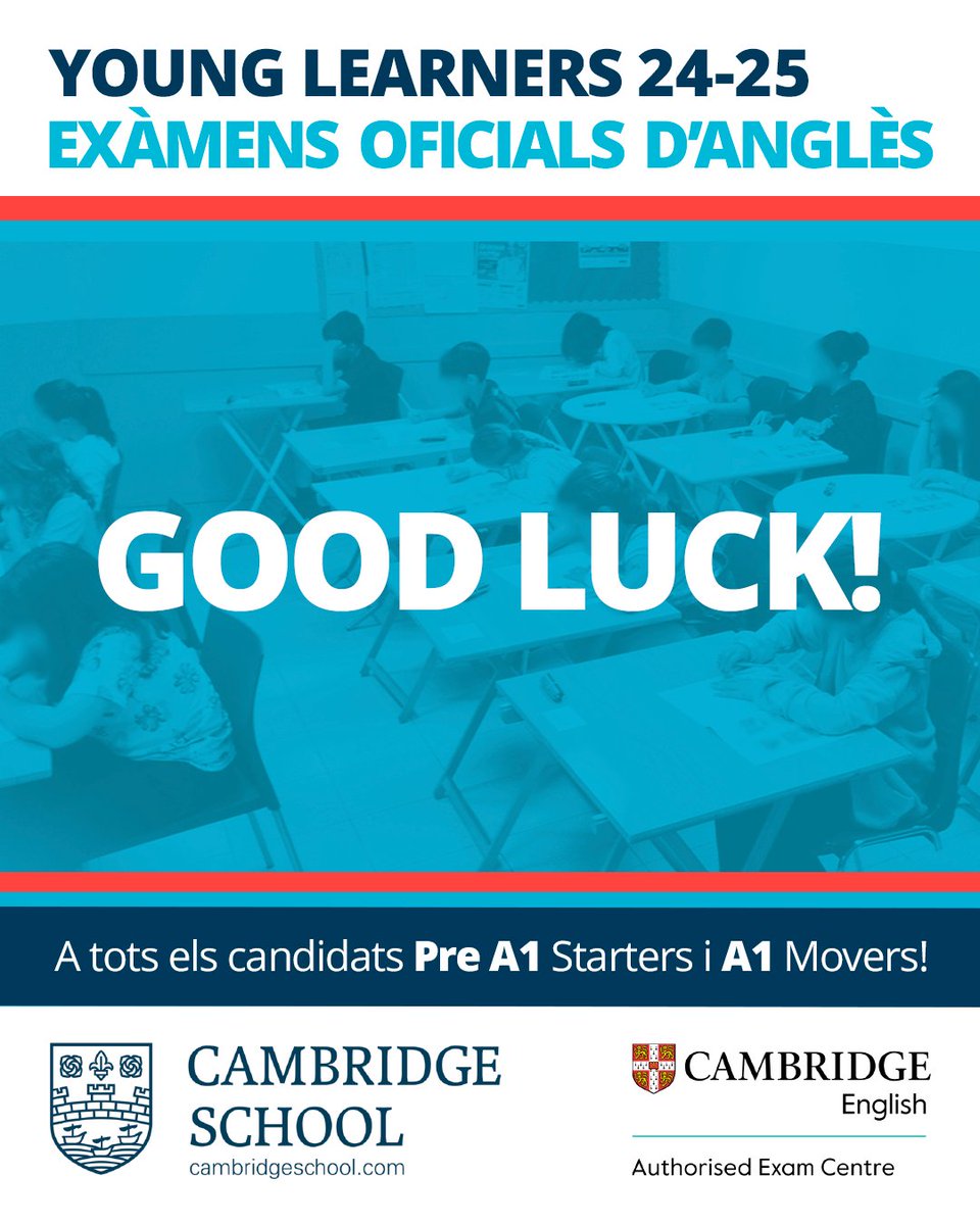 Good luck to all the candidates!
 😀🔝🇬🇧

El 23 i 24 de maig vam organitzar a #SantCeloni i a #Granollers els exàmens oficials Cambridge English per a Young Learners de nivell Pre A1 Starters &amp; A1 Movers.  Vols conèixer millor els exàmens oficials?

👉👉👉
cambridgeschool.com/ca/examens-ofi…