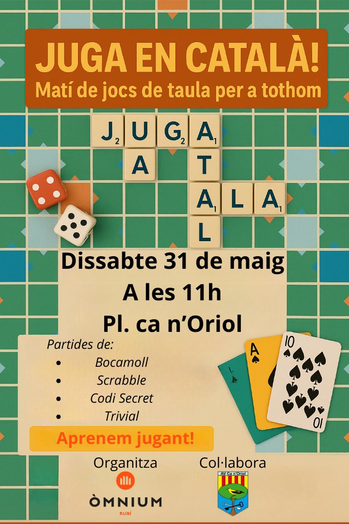 🎲🧩 Aquest dissabte participem en la Festa Major de ca n'Oriol amb una matinal de jocs de taula en català!
Es tracta d'una activitat oberta a tothom que hi vulgui jugar.

📆 Dissabte, 31 de maig d'11 a 13 h
📍 Plaça de ca n'Oriol