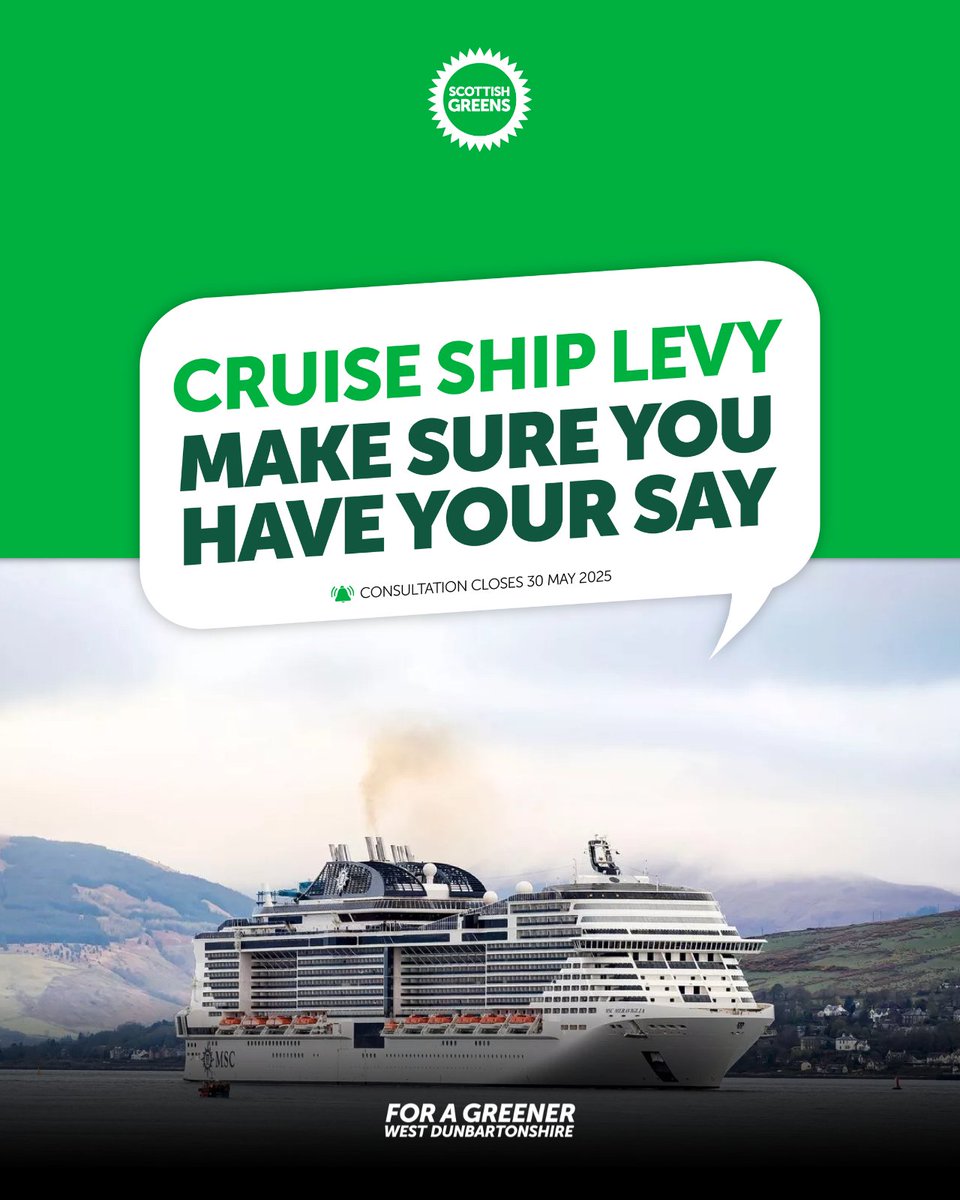 🚢 It's the last week to respond to the Cruise Ship Levy consultation, secured by the <a href="/scottishgreens/">Scottish Greens</a> whilst in government

🤝 Whist it won't apply here in West Dun, it'll be an asset to our friends across the Clyde in <a href="/ren_inv_greens/">Renfrewshire & Inverclyde Greens</a> 

🔗 Have your say: consult.gov.scot