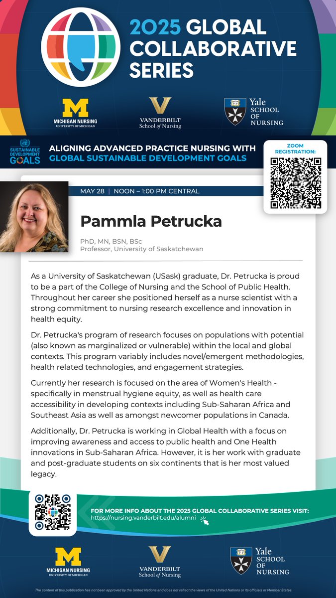 April Kapu, DNP, ACNP-BC (@aprilkapu) on Twitter photo Join us! Dr. Pammla Petrucka, Prof, <a href="/usask/">U of Saskatchewan</a> ,
“Global Nursing and the Sustainable Development Goals: Traversing the Mobius”
🗓️ May 28, 2025
🕛 12:00 PM CT / USA
🔗 Register here: vanderbilt.zoom.us/meeting/regist… <a href="/VanderbiltNurse/">Vanderbilt School of Nursing</a> <a href="/UMich/">University of Michigan</a> <a href="/YaleNursing/">Yale Nursing</a> Join us! Dr. Pammla Petrucka, Prof, <a href="/usask/">U of Saskatchewan</a> ,
“Global Nursing and the Sustainable Development Goals: Traversing the Mobius”
🗓️ May 28, 2025
🕛 12:00 PM CT / USA
🔗 Register here: vanderbilt.zoom.us/meeting/regist… <a href="/VanderbiltNurse/">Vanderbilt School of Nursing</a> <a href="/UMich/">University of Michigan</a> <a href="/YaleNursing/">Yale Nursing</a>