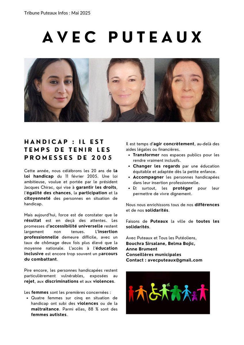 Bouchra Sirsalane (@bsirsalane) on Twitter photo 🔵⚪️Handicap : 20 ans après la loi de 2005, les promesses sont loin d’être tenues. Il est temps d’agir concrètement pour l’#égalité et la citoyenneté des personnes en situation de #handicap.
📣 Tribune du groupe <a href="/AVEC_Puteaux/">AVEC Puteaux</a> dans #Puteaux Infos -Mai. #Inclusion #Accessibilité 🔵⚪️Handicap : 20 ans après la loi de 2005, les promesses sont loin d’être tenues. Il est temps d’agir concrètement pour l’#égalité et la citoyenneté des personnes en situation de #handicap.
📣 Tribune du groupe <a href="/AVEC_Puteaux/">AVEC Puteaux</a> dans #Puteaux Infos -Mai. #Inclusion #Accessibilité