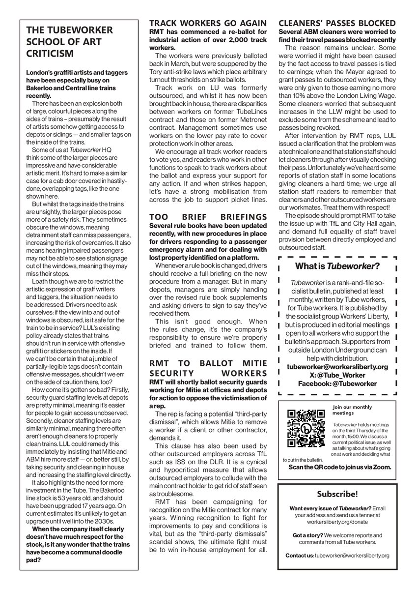 The latest edition of our bulletin is now online. We call for ballots over LUL pay, and encourage readers in RMT to vote Daren Ireland for AGS. Plus local &amp; workplace stories, including on ballots involving track workers &amp; security guards. Download PDF: workersliberty.org/story/2025-05-…