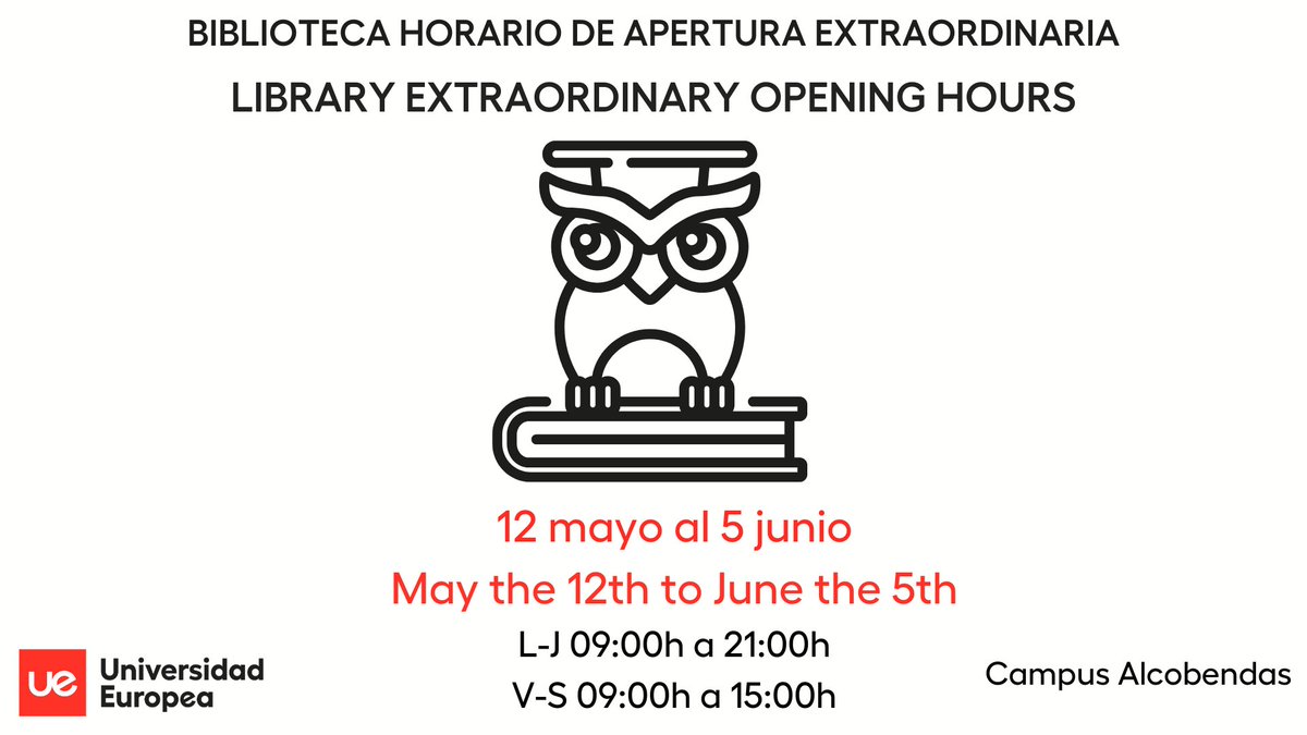 🦉🕙Continuamos con horario ampliado, consulta todos los horarios desde la página web
📍Madrid🔗biblioteca.universidadeuropea.com/madrid
📍Valencia 🔗biblioteca.universidadeuropea.com/valencia