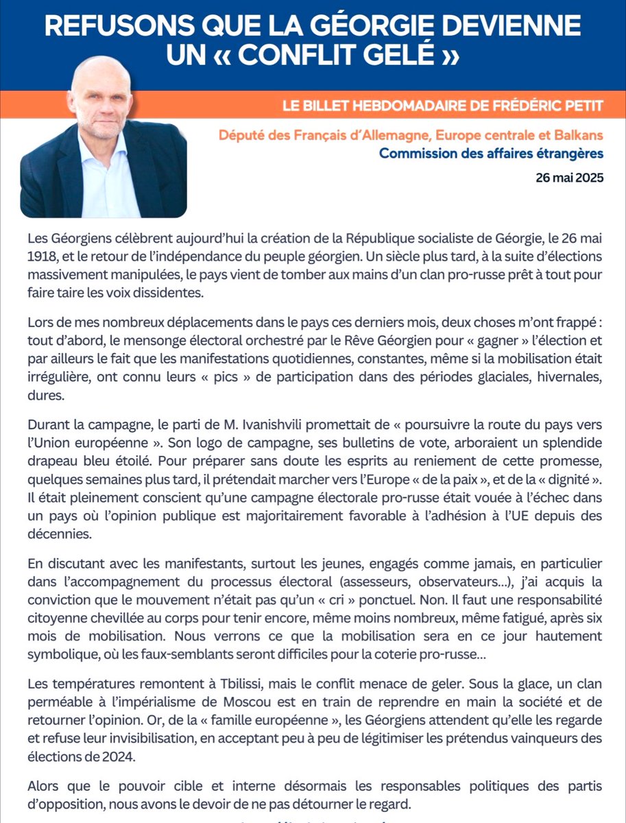#Géorgie 🇬🇪 Les Géorgiens célèbrent aujourd’hui leur l'indépendance recouvrée le 26 mai 1918. Un siècle plus tard, à la suite d'élections massivement manipulées, le pays vient de tomber aux mains d'un clan pro-russe prêt à tout pour faire taire les voix dissidentes. Mon billet ⤵️