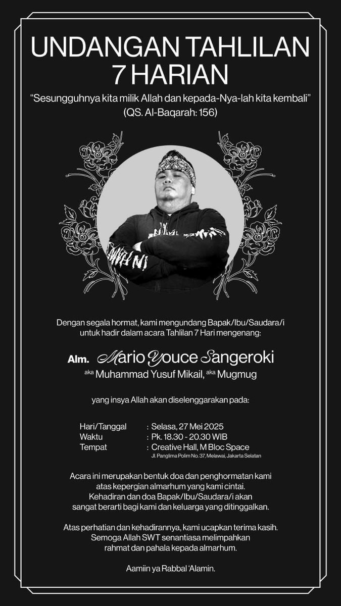 Silahkan untuk hadir teman-teman 🙏
Menurut waktu meninggalnya teman kita selasa 20 Mei 2025. Besok Insya Allah kita gelar di M Bloc